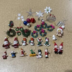 Mixed Lot Mini Christmas Ornaments Wood & Plastic Vintage Style 40+ Pieces